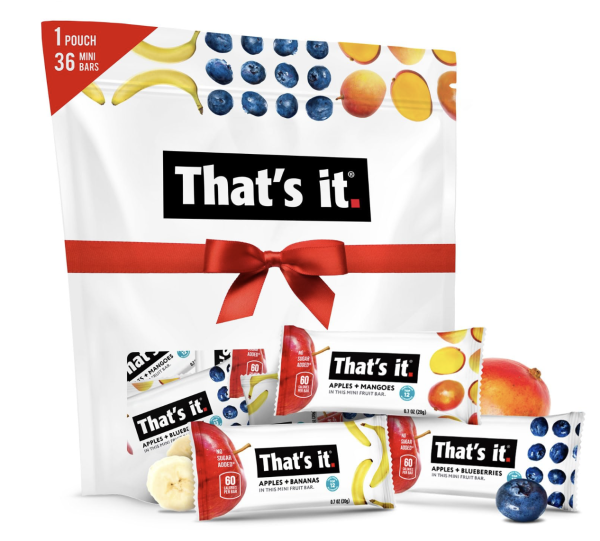 That's it. Mini Fruit Bars Gift Pouch (Variety 36 Count) No Sugar Added, Plant-Based, Vegan & Gluten Free, Paleo, Non GMO, Fiber (12 Banana, 12 Blueberry, 12 Mango)